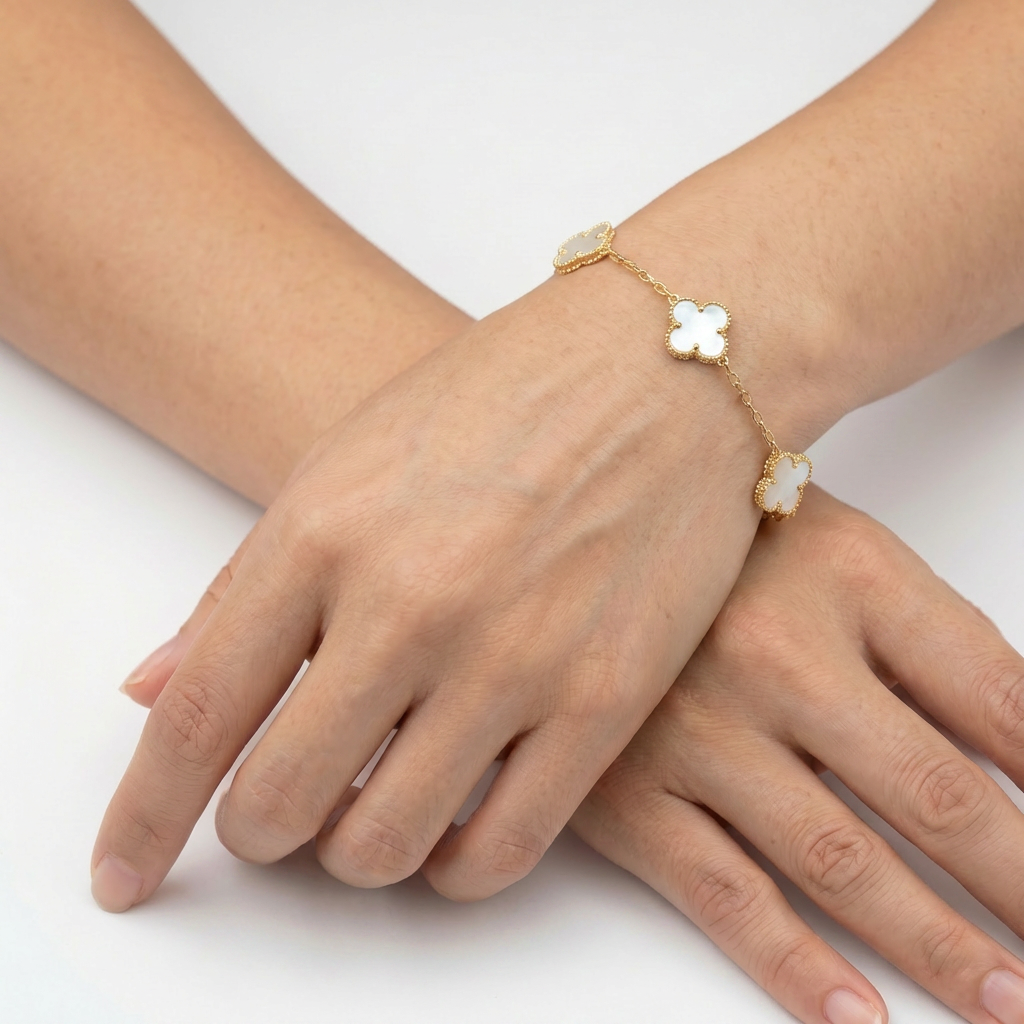 Set Trebol Blanco Topos + Pulsera 3VC 6mm Oro Amarillo