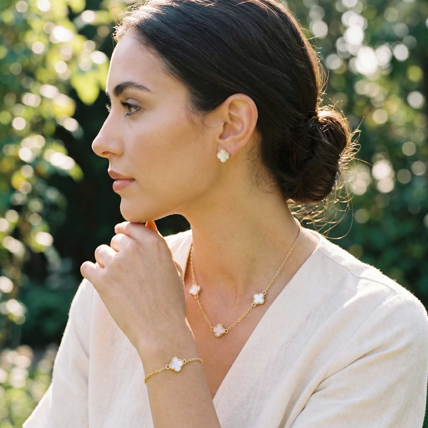 Set  Topos + Cad+Dije+Pulsera Vc Verde 10 mm Oro Amarillo