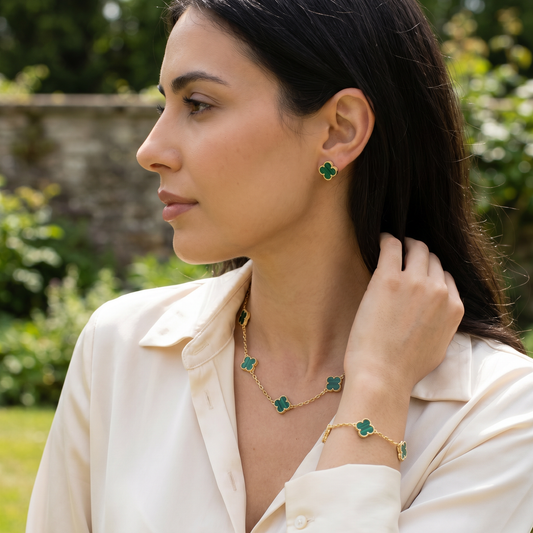 Set  Topos + Cad+Dije+Pulsera Vc Verde 10 mm Oro Amarillo
