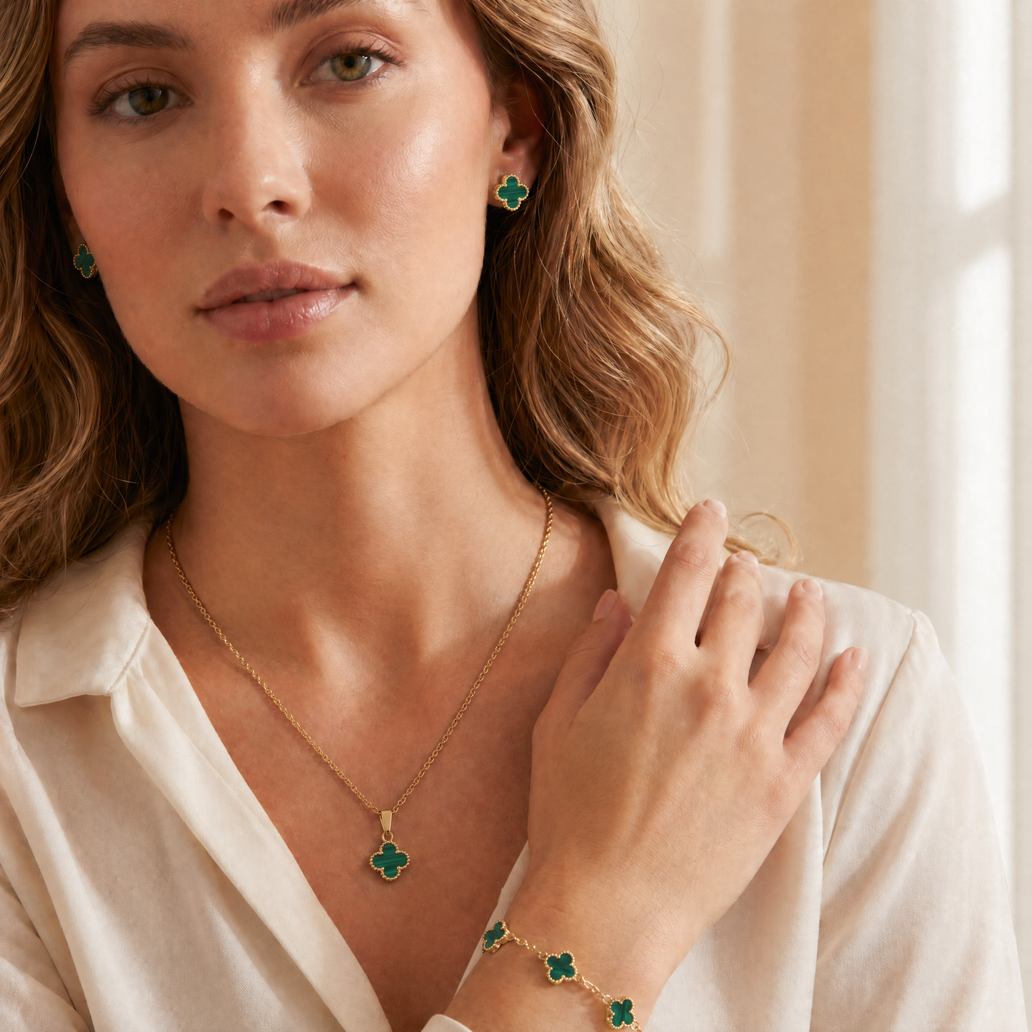Set  Topos + Cad+Dije+Pulsera Vc Verde 6mm Oro Amarillo