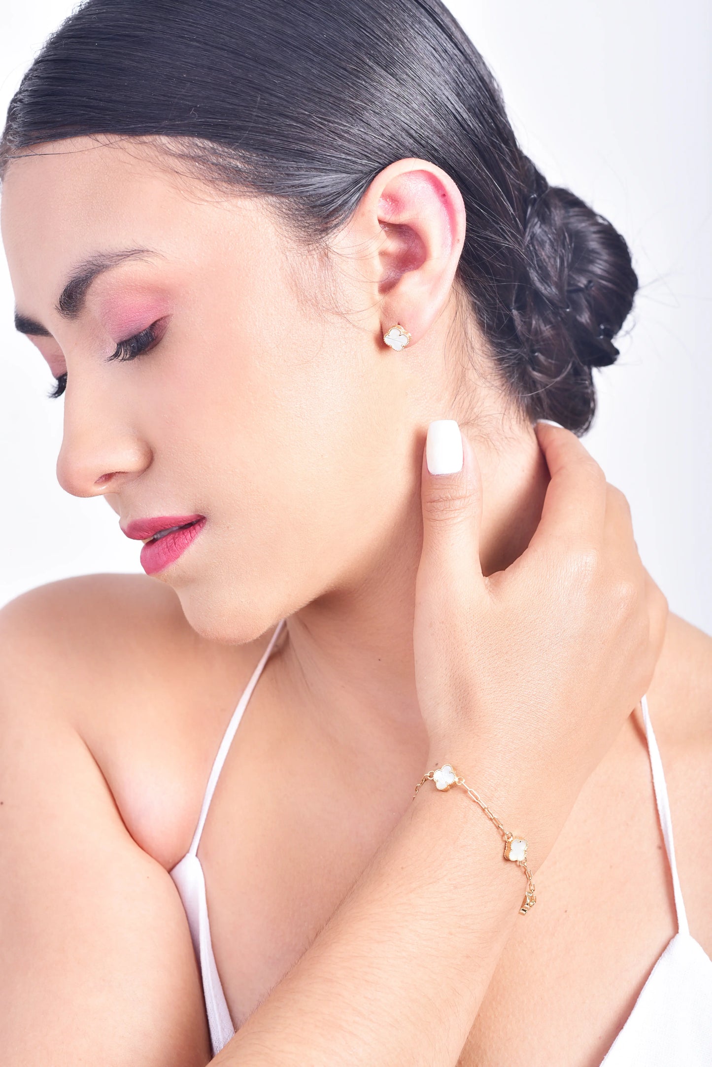 Set Trebol Blanco Topos + Pulsera 3VC 6mm Oro Amarillo