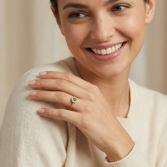 Anillo Solitario Ladys Diamante 0.165Qts + Esmeralda 0.1Qts | 1.85gr | Oro Amarillo (Gemas)