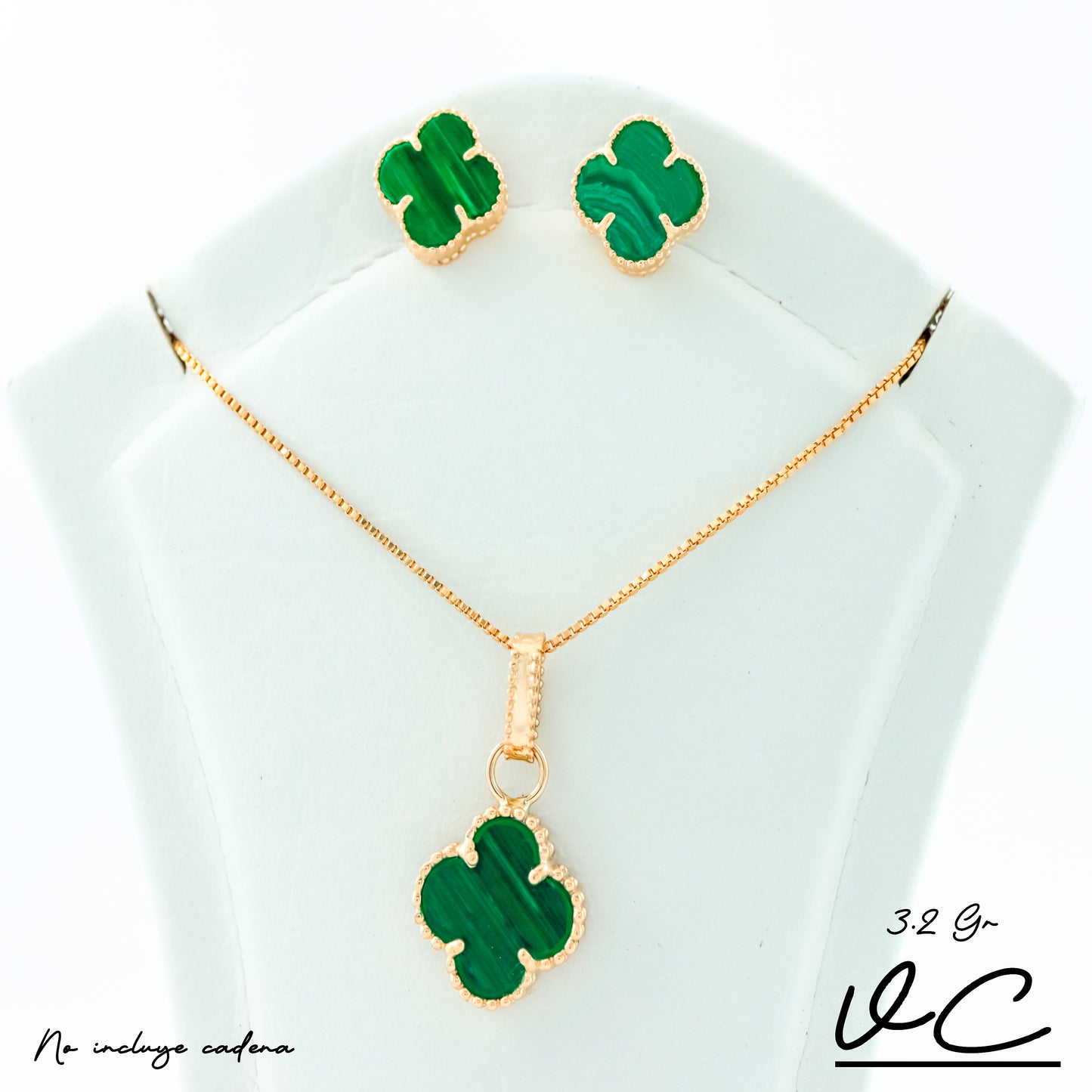 Set  Topos + Cad+Dije+Pulsera Vc Verde 6mm Oro Amarillo